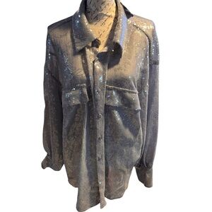 Free People Gray Sequin Button Down Blouse Semi Sheer Metallic Oversized Sz XL
